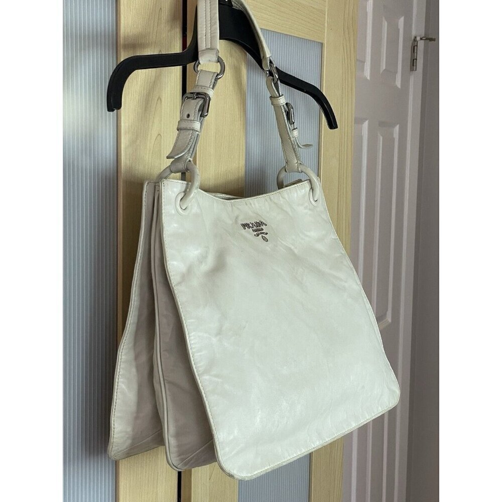 Prada Shoulder Hobo Bag White Nappa Leather Large Designer Retro AUTH - Picture 4 of 8